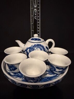 Mini Long Loan Bat Trang Blue White Dragon Ceramic Tea Set, Teapot Lid Cups Tray